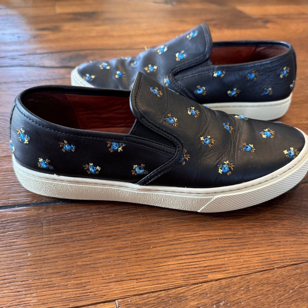 Coach Womens C1387 Black Leather Floral Embroidered Slip On Sneakers Size 10.5 - Picture 9 of 9